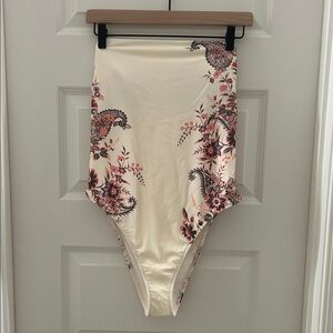 Women’s High-Waist Floral One-Piece Swimsuit - Cream/Pink